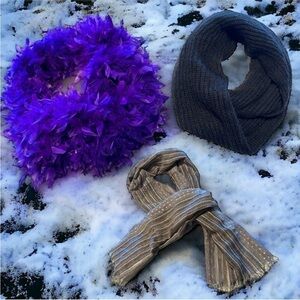 Purple Feather Boa Scarf, Multi Color Knit Scarf & Black Infinity Knit Scarf. BR